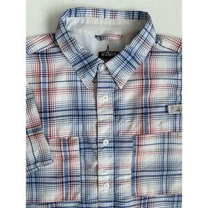 Habit Men's XL UPF 40+ Red White Blue Plaid Vented Active Short Sleeve Button Up